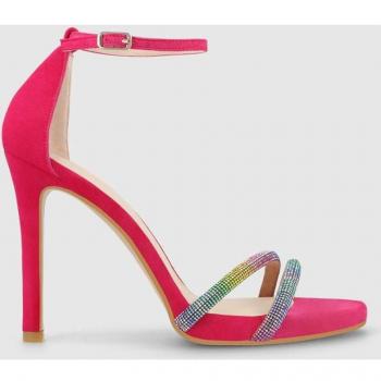 Sandalias de tacón en ante fucsia con tiras de cristales multicolor