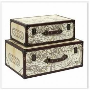 Set de 2 baúles de madera con mapa del mundo