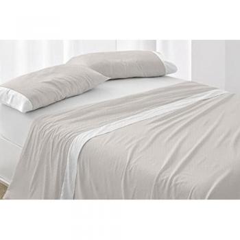 Juego de sábanas Burrito Blanco 238, incluye encimera, bajera ajustable y funda de almohada, diseño elegante de topos beige sobre blanco, tejido 144 hilos, 50% algodón - 50% poli