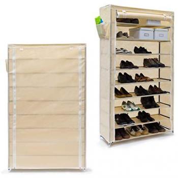Zapatero Vertical 2x VALENTIN con Cubierta de Tela, Estantería para 45 Pares de Zapatos, 10 Niveles, Dimensiones 161x88x30 cm, Color Beige