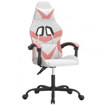 Silla gaming giratoria cuero sintético blanco y rosa con reposabrazos, inclinación alta ajustable y ruedas para oficina, sala de estar y trabajo