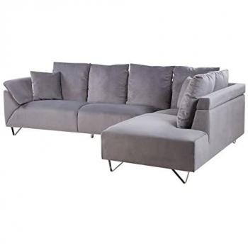 Sofá Esquinero Moderno en Pana Gris 266 x 181 cm con Cojines y Patas Cromadas