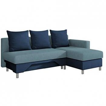 Sofá rinconero Akron 100, azul, con función de descanso y caja de ropa de cama, 215x133x95cm
