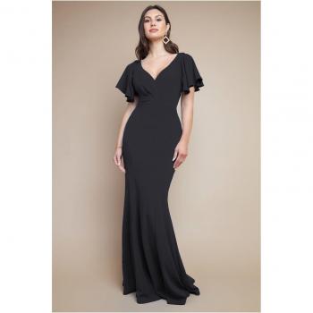 Goddiva Flared Sleeve Front Wrap Maxi Dress - Black