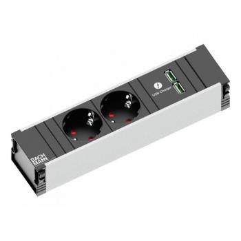 Regleta de conexión de aluminio Coni 2TT + 2 USB, 10 cm de cable, 230V, color negro y gris