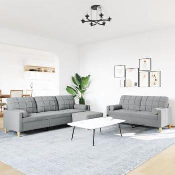 Juego de sofás 3 piezas con reposapiés y cojines de tela gris claro, incluye sofá, sofá de TV, sofá de relax, sillón de TV y sillón de descanso