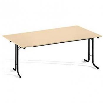 Mesa Plegable Rectangular con Bordes Redondeados, Estructura de Tubo Redondo, 1600 x 800 mm, Color Negro y Decoración en Color Arce