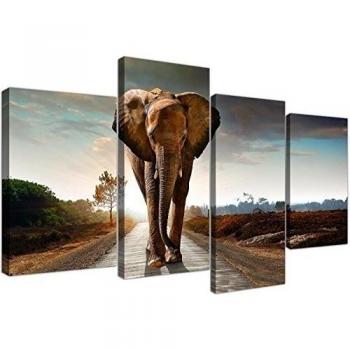 Canvas Art of an African Elephant for your Bedroom - 4 Panel Large Animal Canvas Pictures - 4209 - WallfillersÃ‚® by Wallfillers