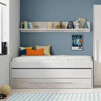Cama Nido con Estante y Cajón Aglomerado Blanco + Somieres y Colchones 90x190/90x180 cm