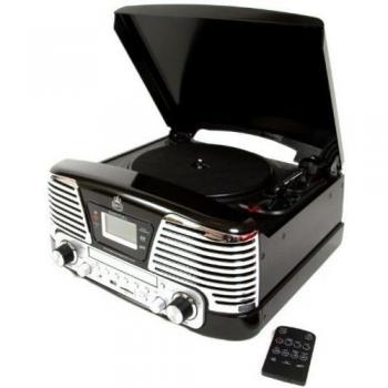 GPO Memphis Equipo Reproductor de vinilos - Tocadiscos de Vinilo, CD, Radio FM, USB - Negro