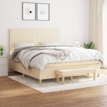 Cama box spring con colchón viscoelástico y muelles ensacados, adaptable, acolchado reversible, tela color crema, dimensiones 180x200 cm