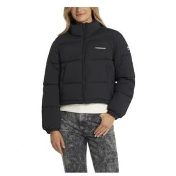 Guess Women's Black Cropped Puffer Jacket with Logo Print, Size S