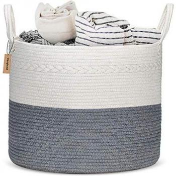 COSYLAND Extra Grande 43x43x38cm Cesta de Almacenamiento Colada Tejida Canasta Plegable Organizador de Cuerda de Algodón Cestas de Ropa Baño para Bebés Toallas Manta Cesto de Guardería con Asa