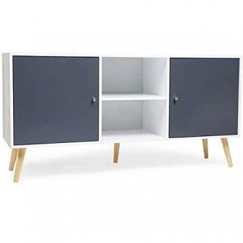 Aparador bajo escandinavo EFFIE de 2 puertas en madera blanca y gris 140 cm