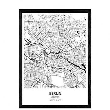 Póster de Mapa de Berlín - Alemania en Color Negro, Lámina sin Marco A4 con Mares y Ríos