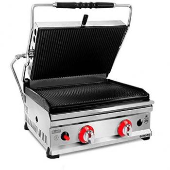 Grill a Gas Mediano 47 cm Sobremesa Romux® - Grill Industrial de Calentamiento Rápido, Antiadherente Libre de PFOA, Apertura 180º, Potencia 3.5 kW
