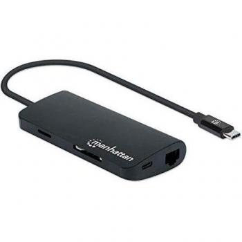 Manhattan USB-C Dock/Hub with Card Reader, 5 Ports: Ethernet, 3 USB-A (3.0), USB-C 5 Gbps, Power Delivery (100W) to USB-C Port, Aluminium Black, Three Year Warranty