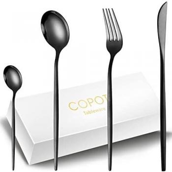 COPOTI - Juego de cubiertos negros para 6 personas, 24 piezas, cubiertos negros, cuchillo tenedor, cuchara, juego de cena de 24 piezas.