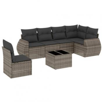 7-Piece Grey Poly Rattan Garden Sofa Set with Cushions