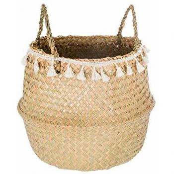 Cesta plegable de caña con pompones Alina - Beige - D 30 cm