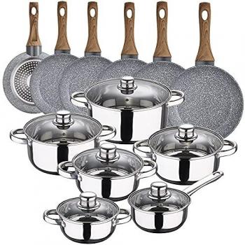 Batería de cocina 12 piezas SAN IGNACIO Cassel en acero inoxidable con juego de sartenes Daimiel en aluminio forjado (18/20/22/24/26/28 cm)