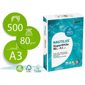 Papel para Fotocopiadora Nautilus Superwhite 100% Reciclado A3 80g/m² Paquete de 500 Hojas Blanco
