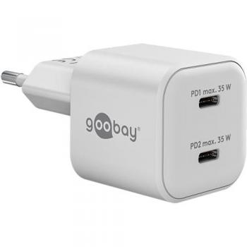 Cargador Rápido USB-C PD GaN Doble Nano 35 W - 2 Puertos USB-C, Diseño Compacto, Carga Simultánea, Ideal para Viaje y Oficina - Blanco