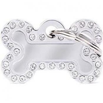 My Family Placa de Identificación personalizado para perro Made in Italy, Hueso Pequeño Rhinestone, Placa de identificación de Perro Grabada Gratis, Metal Esmaltado a Mano, Colección Glam, 30x19 mm
