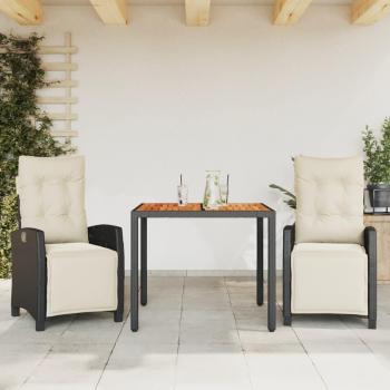 3-Piece Black Poly Rattan Garden Dining Set with Cushions