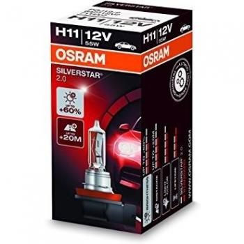 Osram 64211SV2 Silverstar 2.0 H11 Lámpara Halógena para Faro Principal, 60% más Luz, 12V, 55W, Casquillo PGJ19-2, Embalaje Estuche Individual