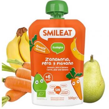 Pouch de fruta ecológica Smileat con pera, zanahoria y plátano BIO 100g - Sin leche, sin azúcares, sin gluten, para bebés a partir de los 6 meses