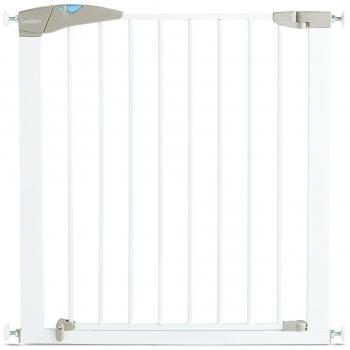 Lindam 4442901 - Barrera de seguridad con puerta. Fijación a presión. Blanca. 76-82 cm