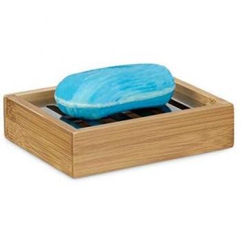 Relaxdays Jabonera Rectangular de Bamb&Uacute, Rejilla de Acero Inoxidable, higiénica: 3 x 12,5 x 10 cm, Natural