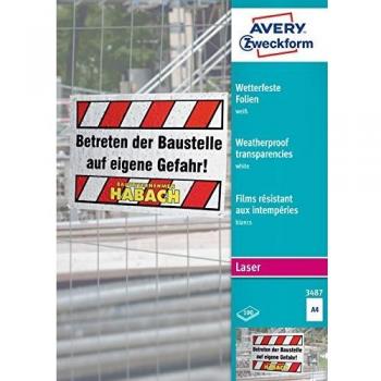 Folio A4 Avery Zweckform 3487, resistente al agua, 0,13 mm, blanco, 100 hojas, apto para impresoras láser