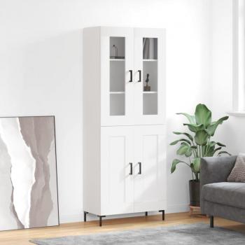 Aparador alto de madera contrachapada blanco brillo 69,5x34x180 cm con 2 puertas de madera, mueble de almacenaje para salón, buffet y armario auxiliar