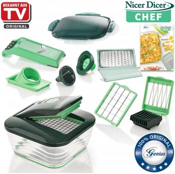Genius Nicer Dicer Chef: Set de 15 Piezas para Cortar Frutas y Verduras, Mandolina Picadora, Color Verde