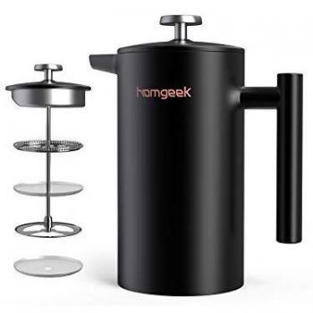 Homgeek Cafetera de émbolo de 8 Tazas/1 Litro, Cafetera Prensa Francesa de Acero Inoxidable de 304, Cafetera y Tetera de Doble Pared Aislado para el Hogar y la Oficina, 2 Filtros
