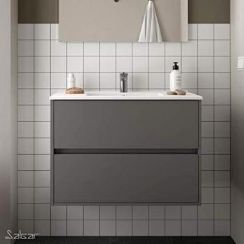 Conjunto Mueble baño 60 cm con Lavabo 100% montado de fábrica | Modelo Noja color Gris lacado Mate suspendido 2 cajones cierre amortiguado Tiradores tipo uñero con Lavabo porcelana blanca