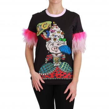 Dolce & Gabbana Black YEAR OF THE PIG Top Cotton T-shirt - IT40|S, Female, Size: XS, Colorful Crewneck Top