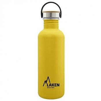 Botella de Agua Laken Basic 1L con Tapón de Acero Inoxidable y Bambú, Color Amarillo - Reutilizable, Ideal para Montaña, Camping, Deportes y más