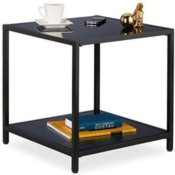 Mesa Auxiliar Cuadrada Moderna de Vidrio Negro y Metal, 50x50x50 cm - Relaxdays
