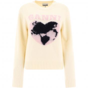Ganni Women's Beige Graphic Soft Wool Crewneck Sweater - Size Medium