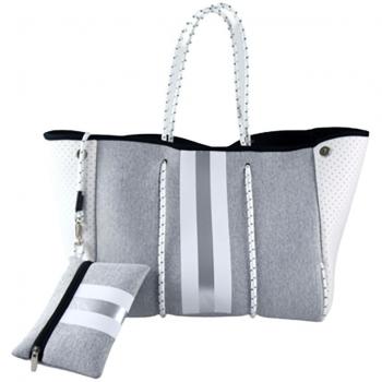 Neoprene Tote Bag with Zipper Pouch - Gray Stripe