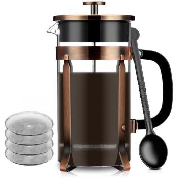 Cafetera de Émbolo Acero Inoxidable Cafetera Francesa con Vidrio de Borosilicato Prensa Francesa Resistente al Calor para Hogar y Oficina 1 L 8 Tazas 2-3 Personas 4 Filtros y 1 Cuchara