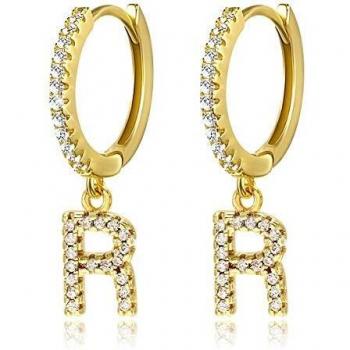 Pendientes de aro con inicial A-Z para mujer, chapados en oro blanco de 14 quilates, circonita cúbica, personalizados, 26 letras, regalo para ella
