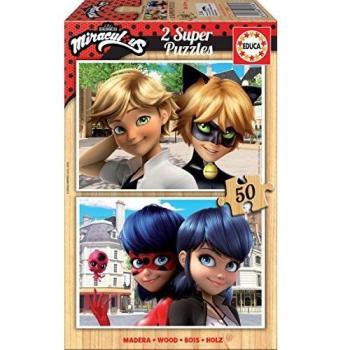 Educa - Miraculous Ladybug Temporada 2, 2 Puzzles infantiles de madera ecológica de 50 piezas, a partir de 4 años