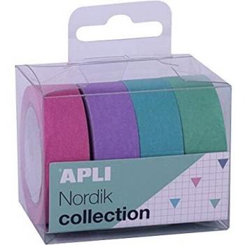 APLI - 18816 - Pack cintas adhesivas decorativas- papel tipo WASHI TAPE - colores pastel- 4 rollos- Cintas de 15 mm x 10 m