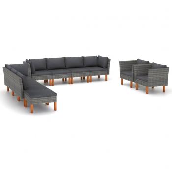 10-Piece Grey Poly Rattan Garden Lounge Set with Eucalyptus Wood