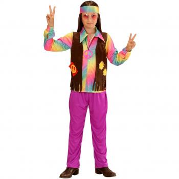 Disfraz de Hippie Arcoíris para Niños - Incluye Camiseta, Chaleco, Pantalones y Diadema - 128 cm