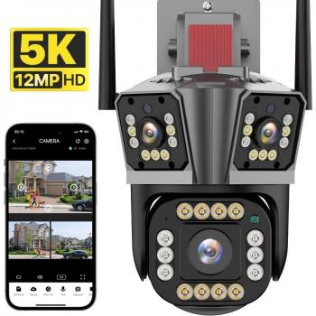 Cámara IP WIFI 5K 12MP HD Exterior Triple Lente Detección de Movimiento Seguridad Impermeable